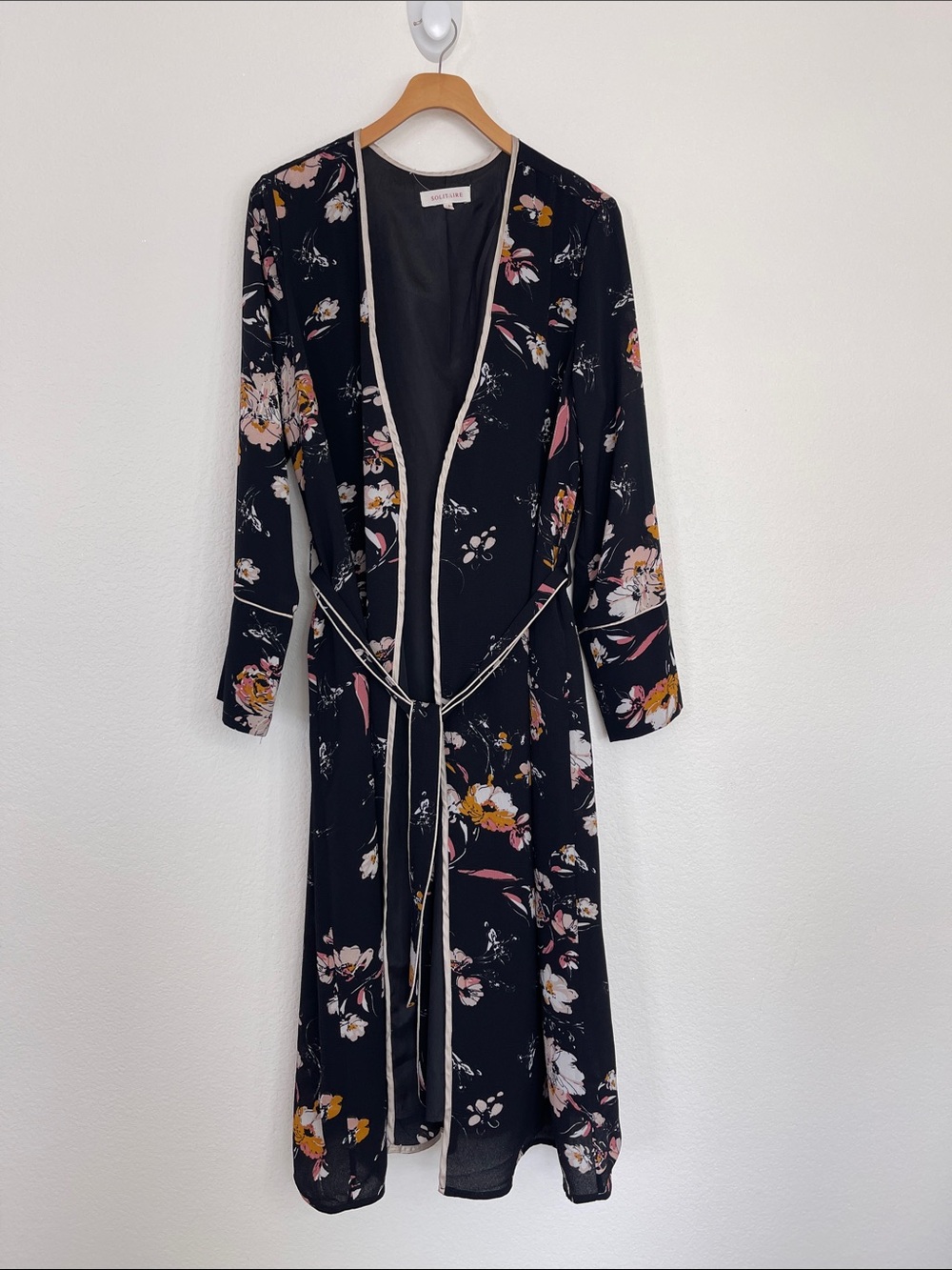 Solitaire Black Floral Long Sleeve Wrap kimono with Pink & Yellow Accents